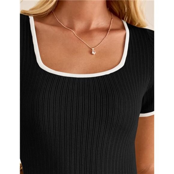 Ribbed Square Neck Color Block Pleated Mini Dress Short Sleeve A-Line - Picture 6 of 7